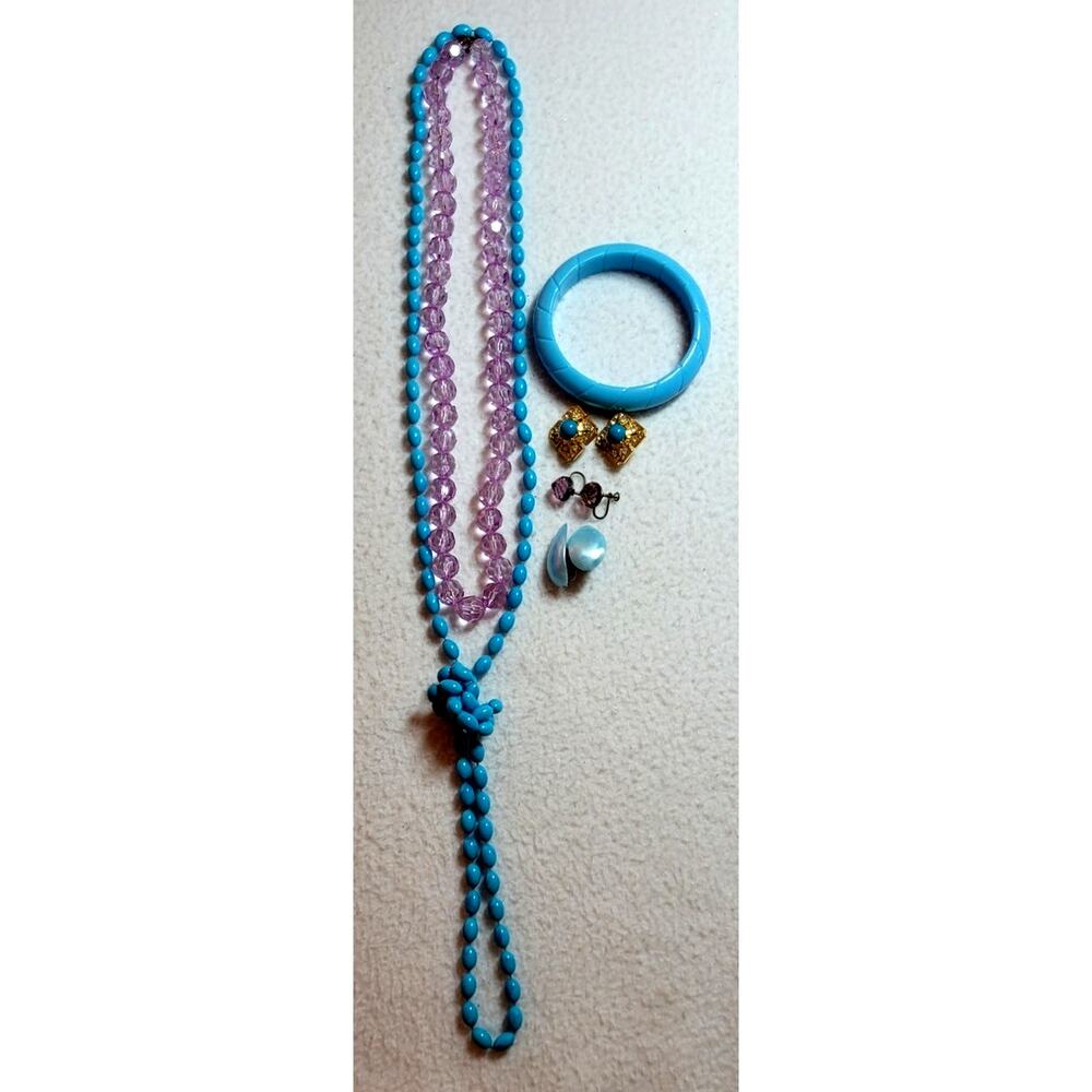 Vtg Necklace Bracelet Clip Screwback Earrings Pastel Turquoise Purple Plastic